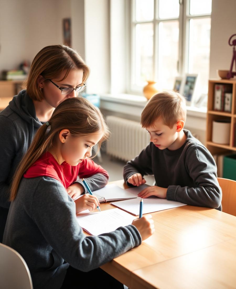 Erzieherin unterstützt Kinder bei den Hausaufgaben