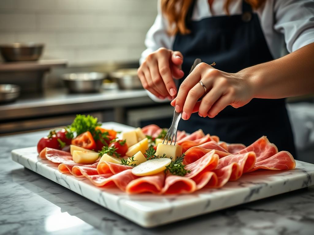 Hände einer Küchenhilfe richten Aufschnitt, Käse und Kräuter auf einer kalten Platte aus Marmor an