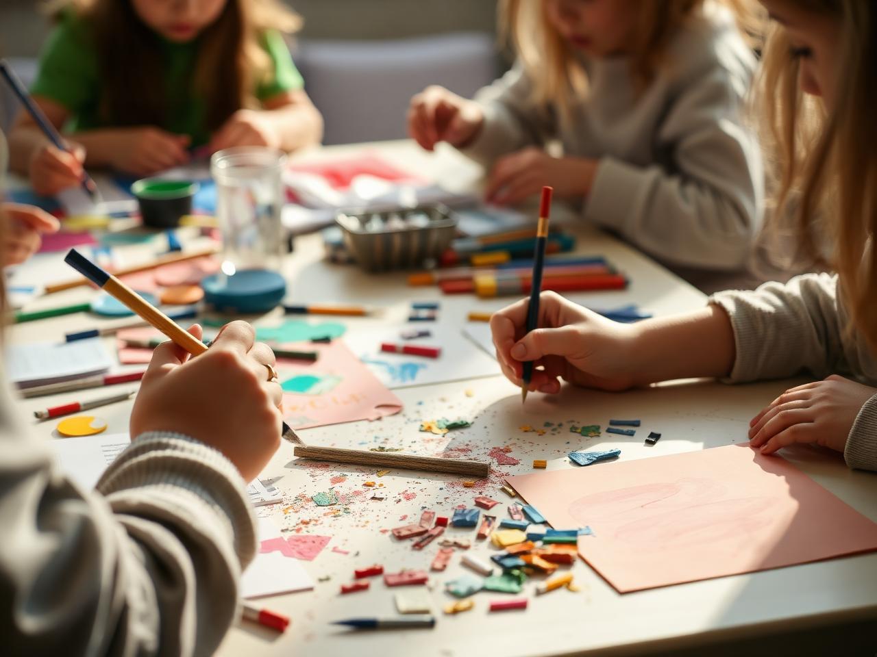 Hände arbeiten an einem Basteltisch mit Pinseln, Buntstiften und farbigem Papier während einer kreativen Arbeitsgemeinschaft