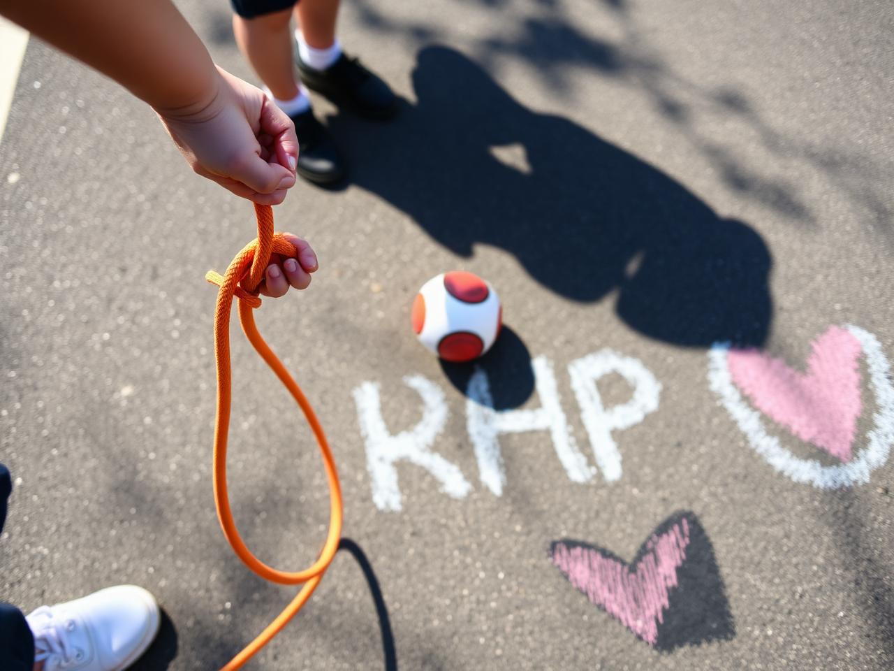 Hand hält ein orangefarbenes Springseil über dem Schulhofasphalt, daneben ein Ball und mit Kreide gemalte Hüpfkästchen