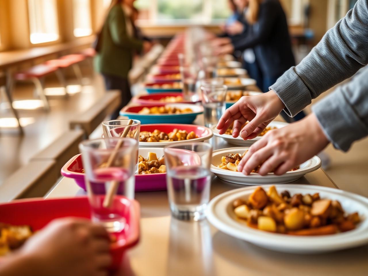 Hände einer Betreuungskraft stellen Teller mit warmem Mittagessen und Wassergläser auf einer langen Tischreihe in der Schulmensa bereit