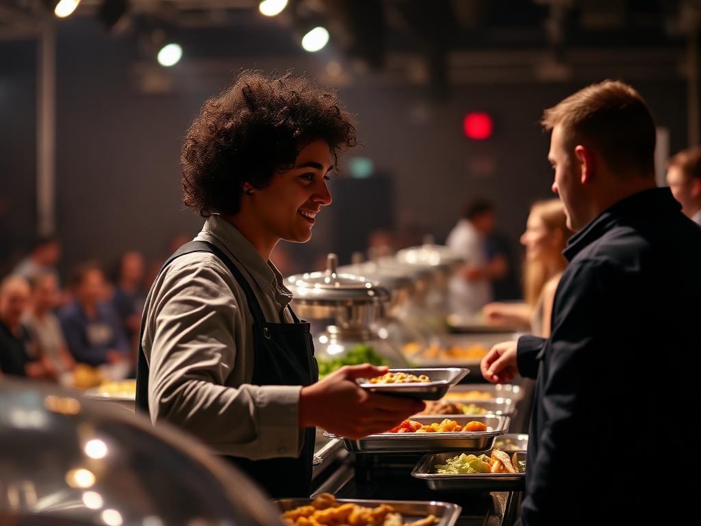 Servicekraft gibt beim Crew-Catering hinter der Bühne Essen von einer Buffetstation aus