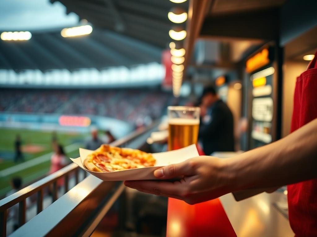 Servicekraft reicht an einem Kiosk ein Tablett mit Pizza und ein Bier über den Tresen