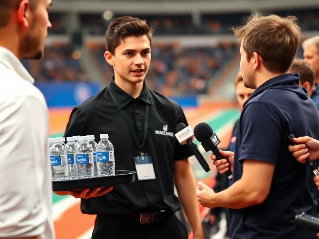Servicekraft mit Tablett voller Wasserflaschen in der Mix-Zone neben einem Interview mit Mikrofonen