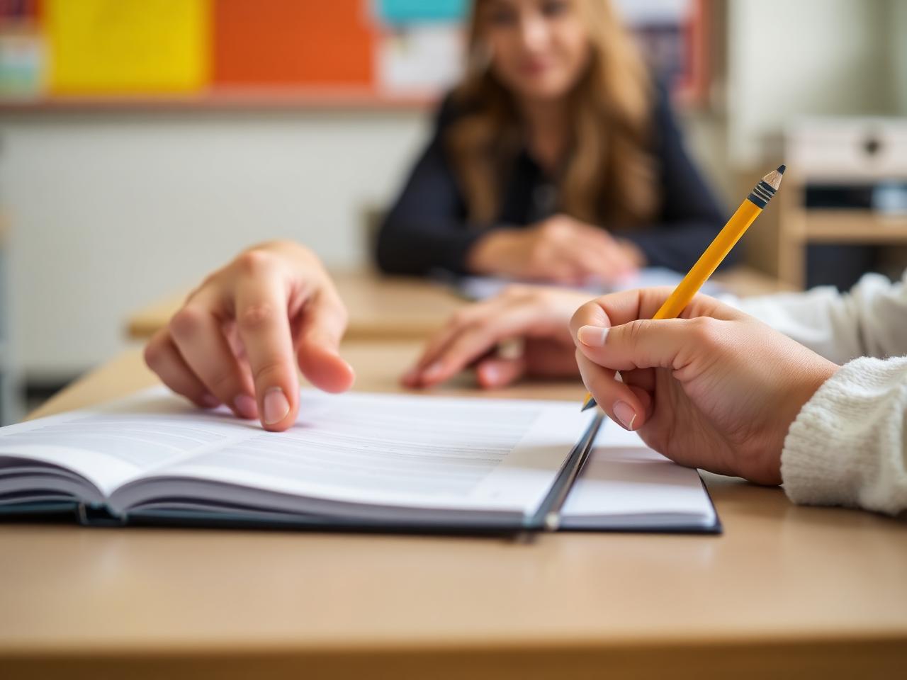 Hand einer Begleitperson zeigt auf eine Aufgabe im Heft neben einer Hand mit Bleistift